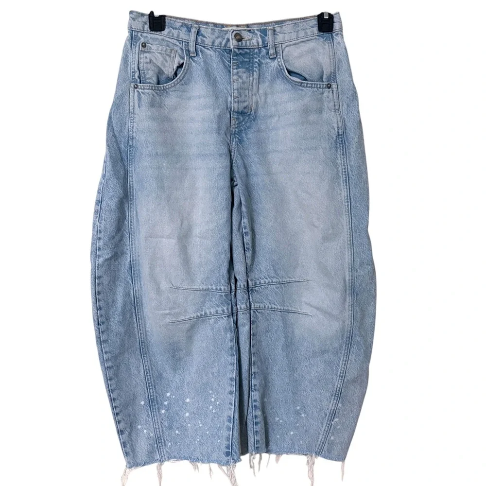 Free People Womens 26 Lucky You Mid Rise Barrel Jeans Light Wash Blue Splatter